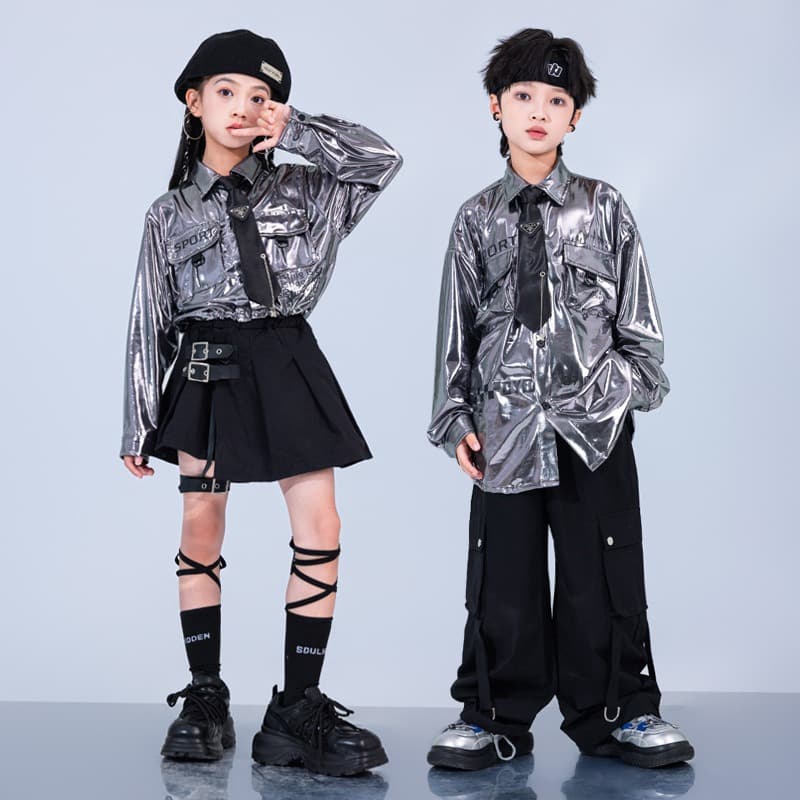 キッズダンス衣装 キッズ メタリックシャツ ダンス衣装 ヒップホップ セットアップ