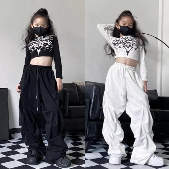 キッズダンス衣装 子供用ダンス衣装セット 長袖トップス パンツ 黒白