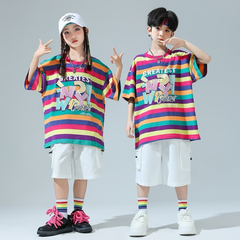 キッズダンス衣装 キッズヒップホップダンス衣装セットアップ虹色ボーダー