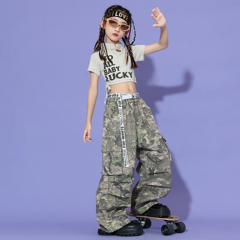 キッズダンス衣装 子供用ヒップホップダンス衣装迷彩柄セットアップ