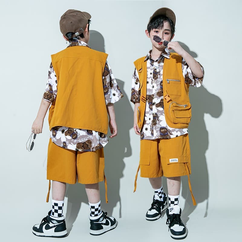 キッズダンス衣装 子供用ヒップホップダンス衣装セット オレンジベスト付き