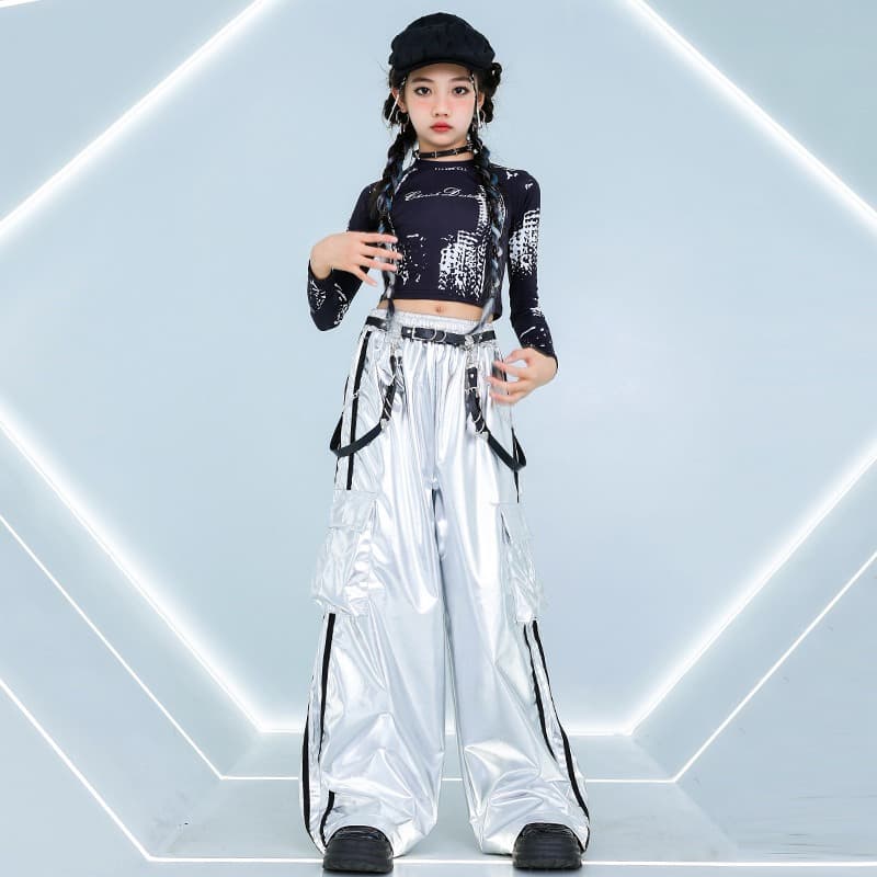 キッズダンス衣装 女の子 ヒップホップ ダンス衣装 セットアップ 黒銀 キッズ