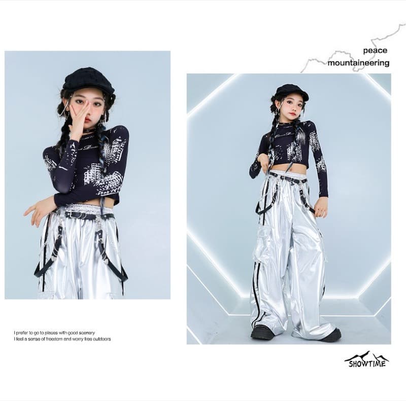 キッズダンス衣装 女の子 ヒップホップ ダンス衣装 セットアップ 黒銀 キッズ