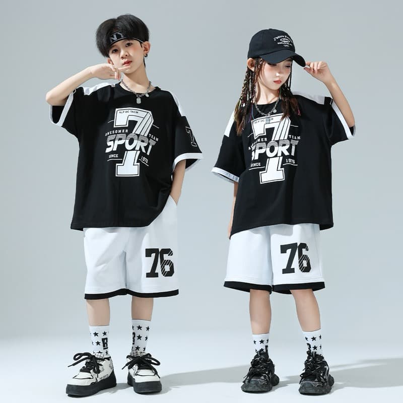 キッズダンス衣装 子供用ヒップホップダンス衣装セット 半袖トップス&ハーフパンツ