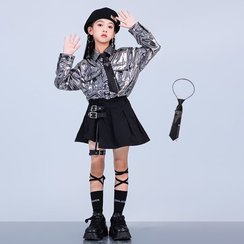 キッズダンス衣装 キッズ メタリックシャツ ダンス衣装 ヒップホップ セットアップ