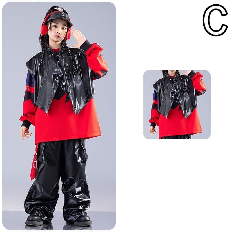 キッズダンス衣装 キッズヒップホップダンス衣装セット赤黒コーデ