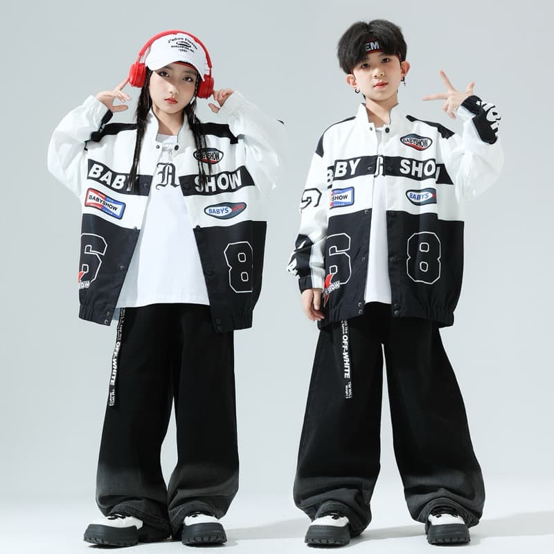 キッズダンス衣装 子供用ヒップホップダンス衣装セット 白黒ジャケット パンツ