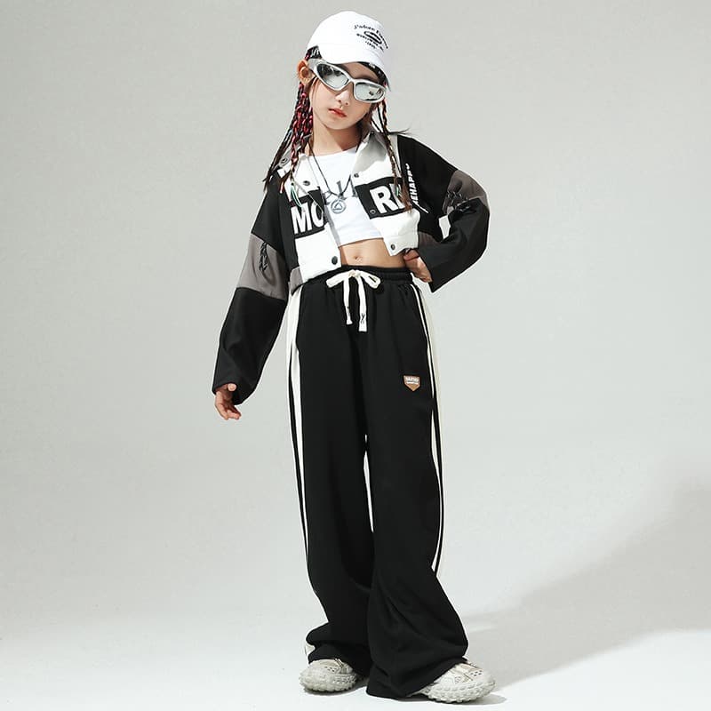 キッズダンス衣装 子供用ヒップホップダンス衣装セット黒白ストリート系上下