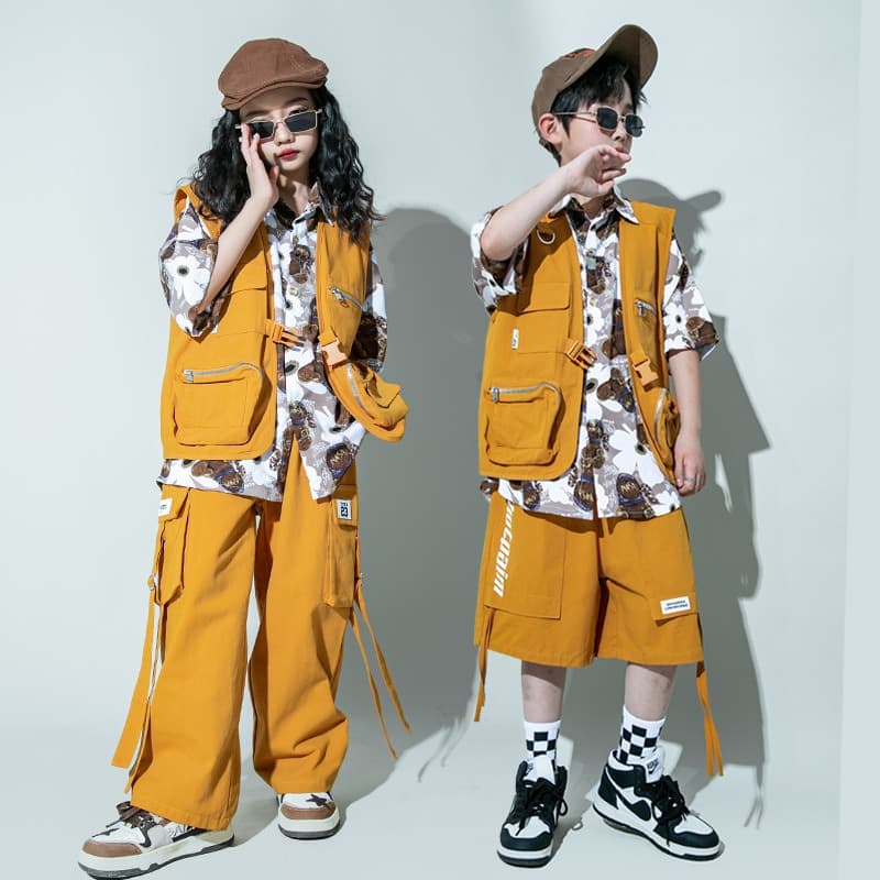 キッズダンス衣装 子供用ヒップホップダンス衣装セット オレンジベスト付き