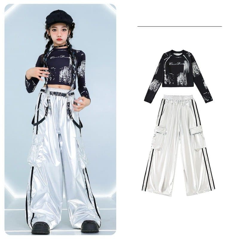 キッズダンス衣装 女の子 ヒップホップ ダンス衣装 セットアップ 黒銀 キッズ