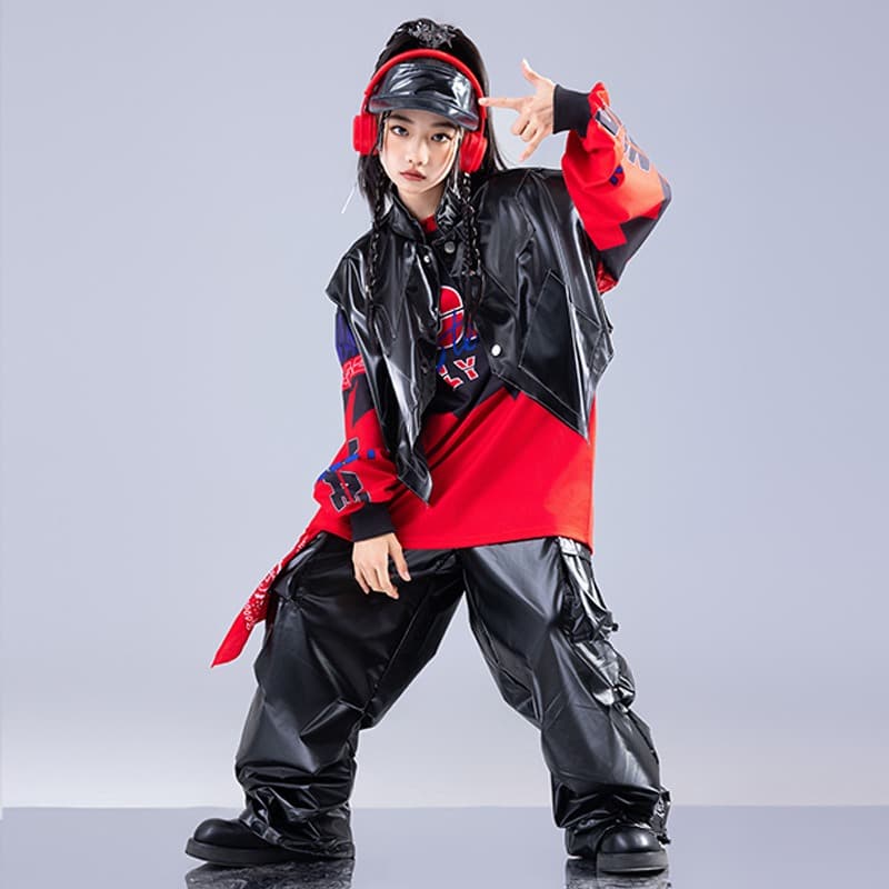 キッズダンス衣装 キッズヒップホップダンス衣装セット赤黒コーデ