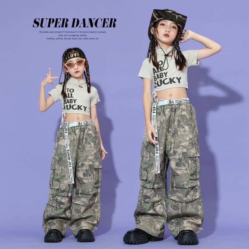 キッズダンス衣装 子供用ヒップホップダンス衣装迷彩柄セットアップ