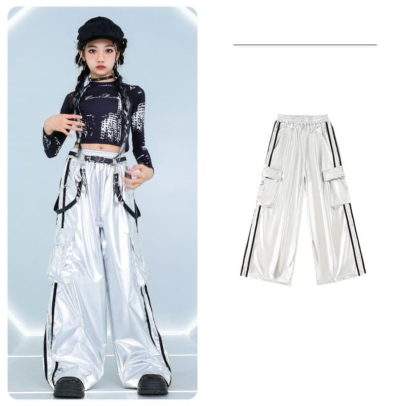 キッズダンス衣装 女の子 ヒップホップ ダンス衣装 セットアップ 黒銀 キッズ