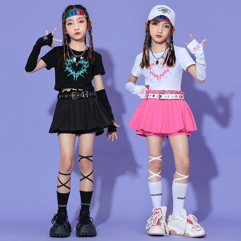 キッズダンス衣装 女の子ジャズダンス衣装セット プリーツスカート付き