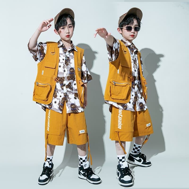 キッズダンス衣装 子供用ヒップホップダンス衣装セット オレンジベスト付き