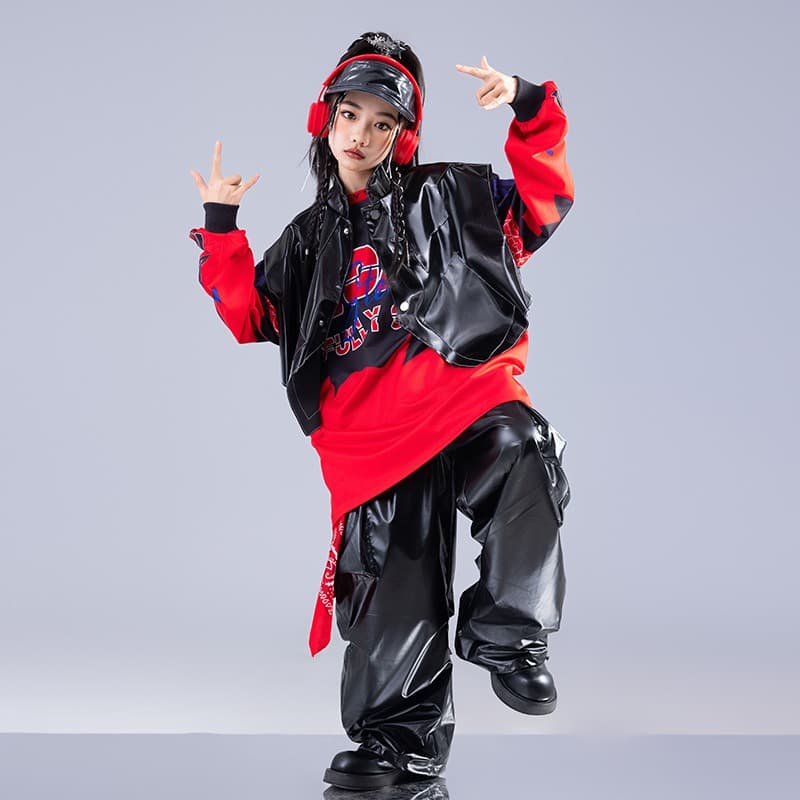 キッズダンス衣装 キッズヒップホップダンス衣装セット赤黒コーデ