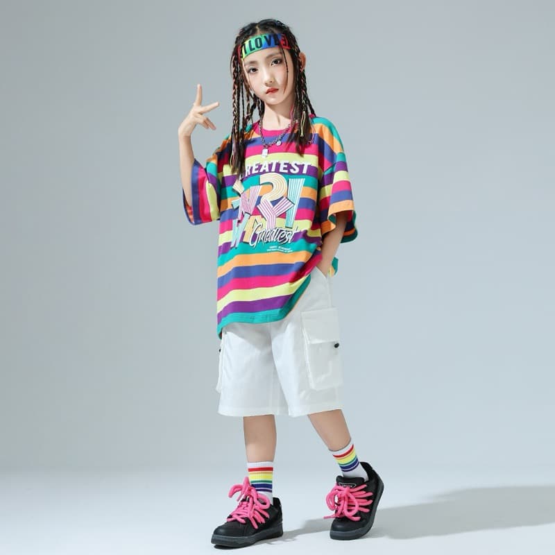 キッズダンス衣装 キッズヒップホップダンス衣装セットアップ虹色ボーダー
