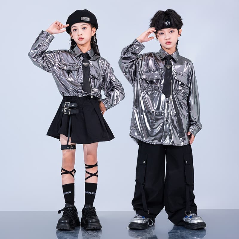 キッズダンス衣装 キッズ メタリックシャツ ダンス衣装 ヒップホップ セットアップ