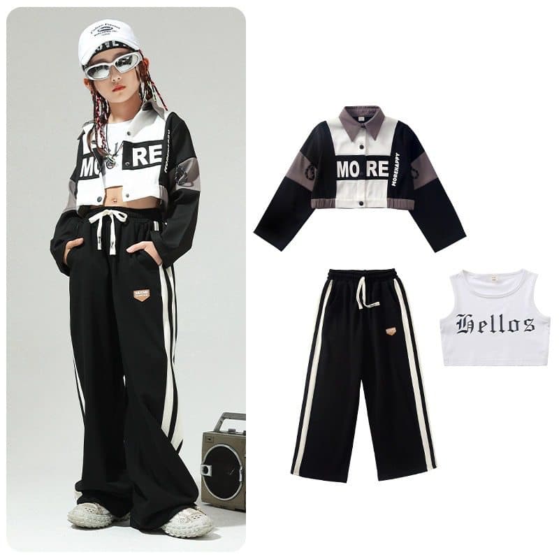 キッズダンス衣装 子供用ヒップホップダンス衣装セット黒白ストリート系上下