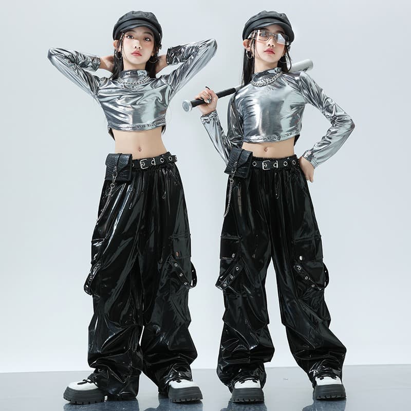 キッズダンス衣装 キッズ ヒップホップ ダンス衣装 セットアップ 銀黒コーデ
