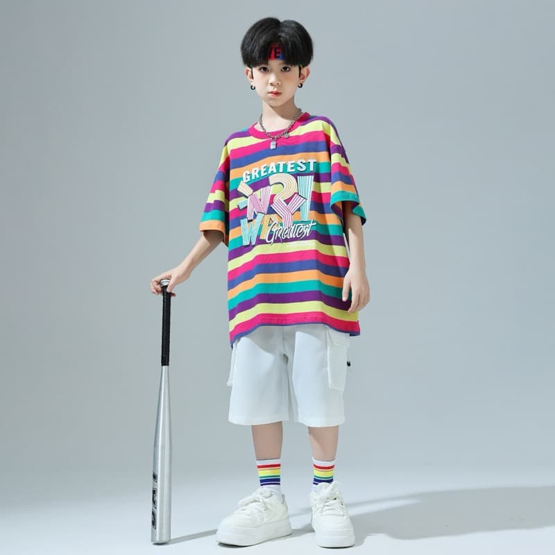 キッズダンス衣装 キッズヒップホップダンス衣装セットアップ虹色ボーダー