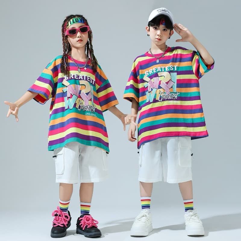 キッズダンス衣装 キッズヒップホップダンス衣装セットアップ虹色ボーダー