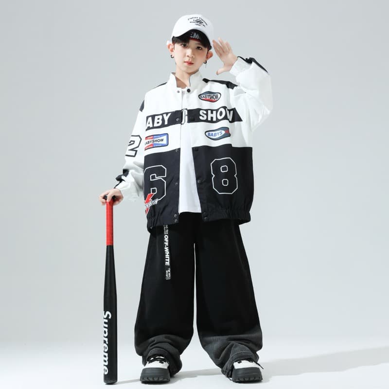 キッズダンス衣装 子供用ヒップホップダンス衣装セット 白黒ジャケット パンツ