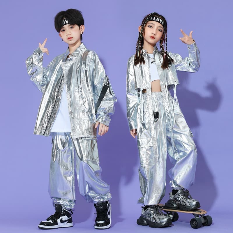 キッズダンス衣装 子供用シルバーメタリック上下セットヒップホップ衣装