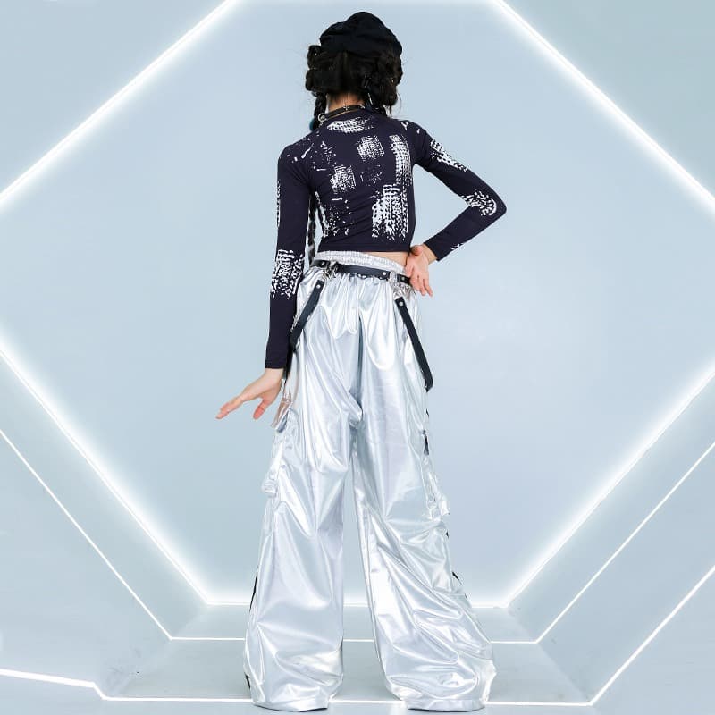 キッズダンス衣装 女の子 ヒップホップ ダンス衣装 セットアップ 黒銀 キッズ