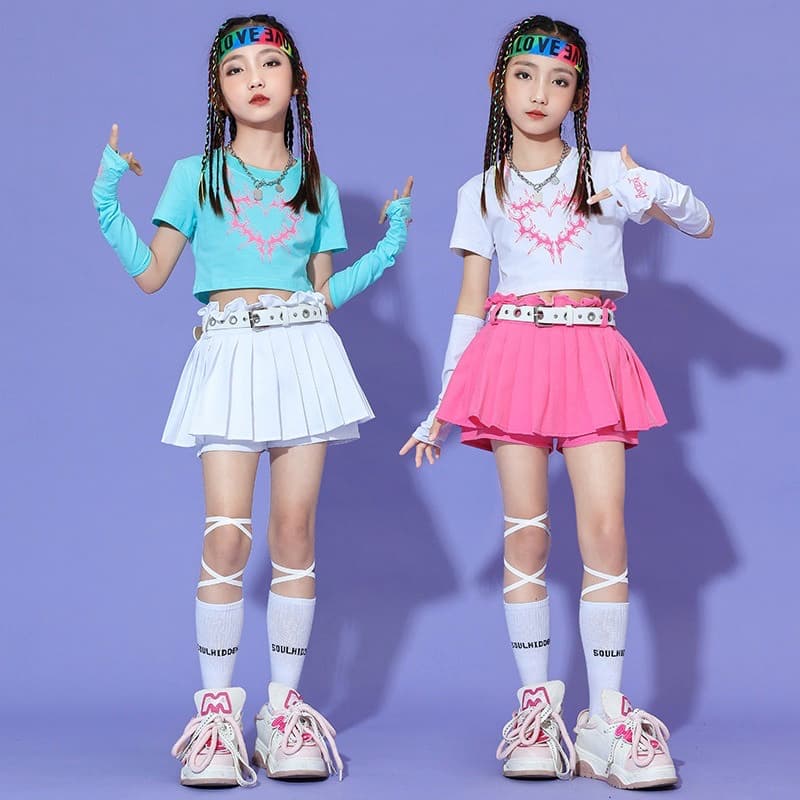 キッズダンス衣装 女の子ジャズダンス衣装セット プリーツスカート付き