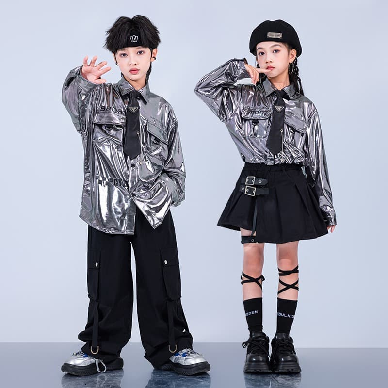 キッズダンス衣装 キッズ メタリックシャツ ダンス衣装 ヒップホップ セットアップ