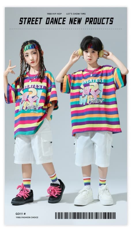 キッズダンス衣装 キッズヒップホップダンス衣装セットアップ虹色ボーダー