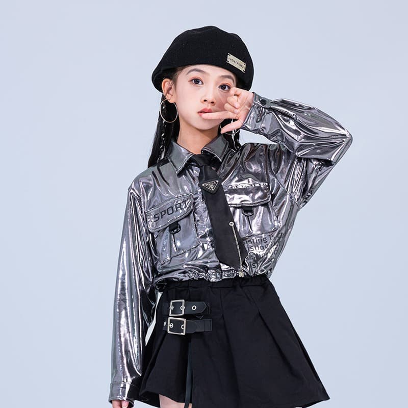 キッズダンス衣装 キッズ メタリックシャツ ダンス衣装 ヒップホップ セットアップ