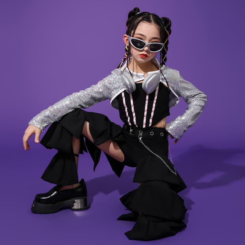 キッズダンス衣装 女の子用ラメトップス黒パンツヒップホップダンス衣装セット