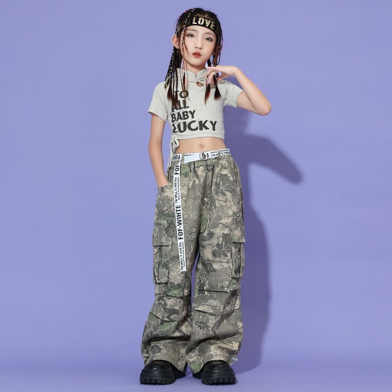 キッズダンス衣装 子供用ヒップホップダンス衣装迷彩柄セットアップ