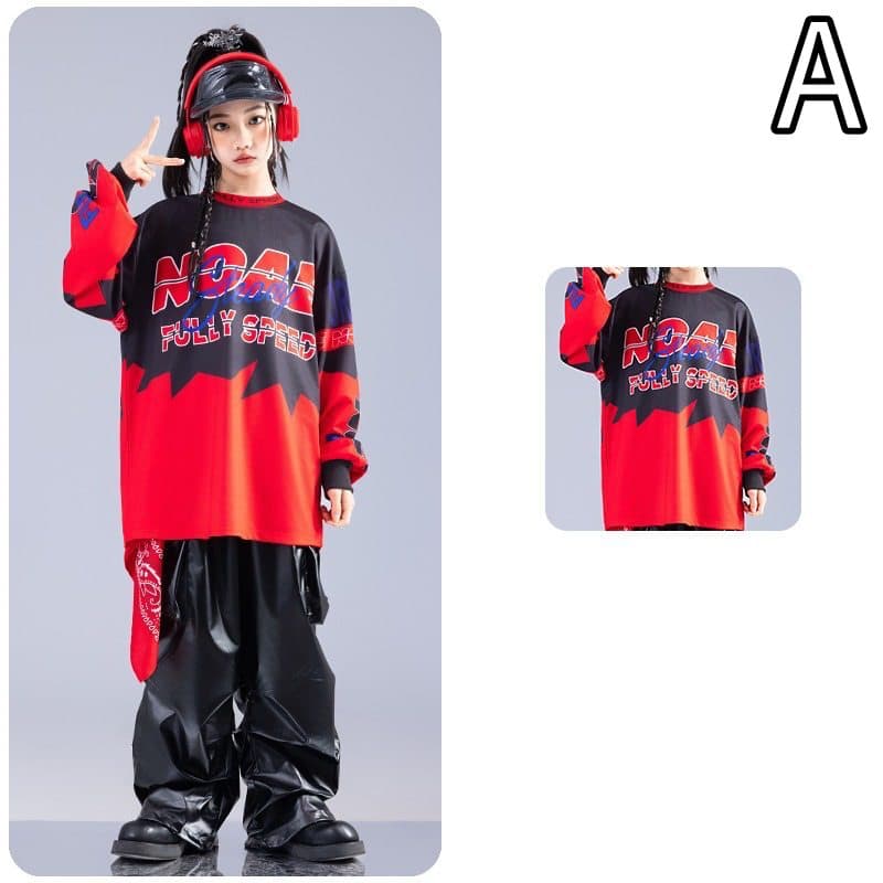 キッズダンス衣装 キッズヒップホップダンス衣装セット赤黒コーデ