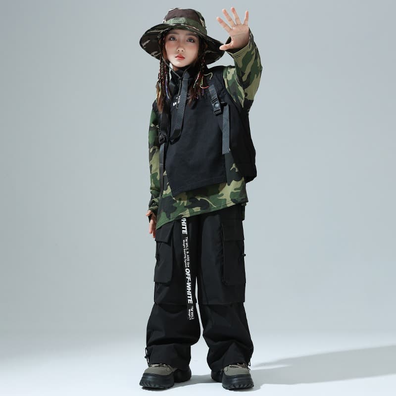 キッズダンス衣装 子供用迷彩柄ヒップホップダンス衣装セット