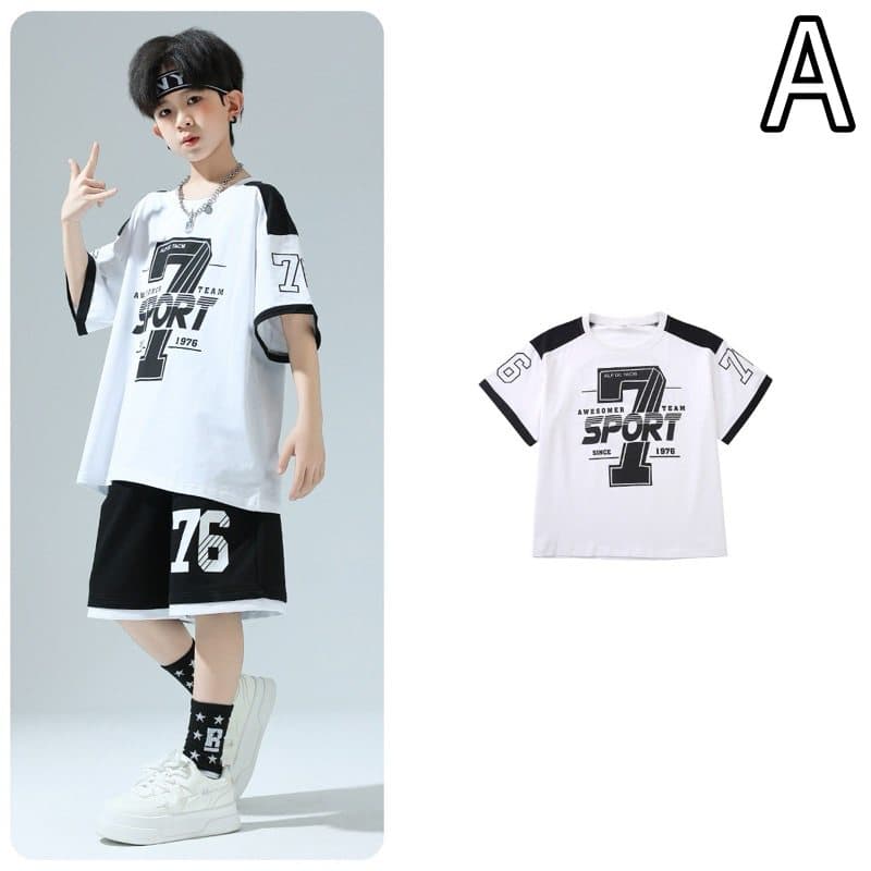 キッズダンス衣装 子供用ヒップホップダンス衣装セット 半袖トップス&ハーフパンツ